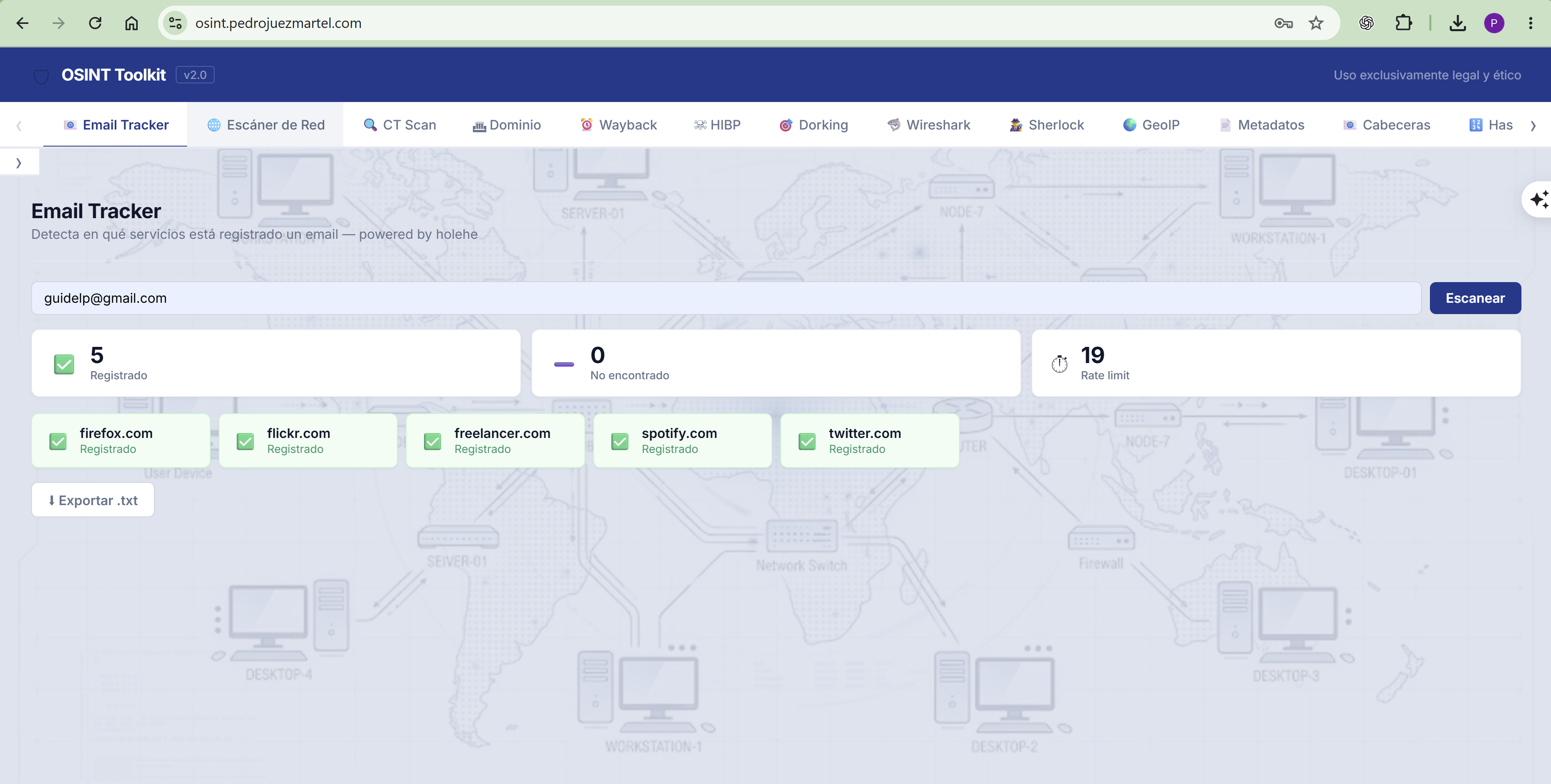 Interfaz de OSINT Toolkit con sus herramientas de investigación en fuentes abiertas